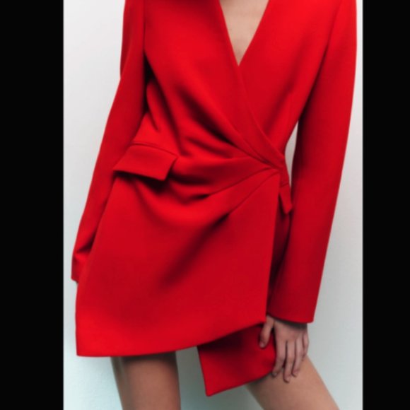 ZARA NEW WOMAN ASYMMETRIC DRAPED BLAZER DRESS RED XS S 2827/522 - Picture 4 of 8